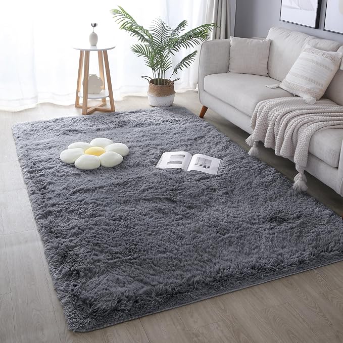 KICHOWUA 5x8 Grey Fluffy Fuzzy Area Rug by KICHOWUA
