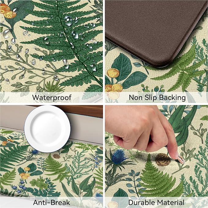 Beige Green Botanical Kitchen Rugs Set of 2 Plant Leaf Anti-Fatigue Kitchen Mat - Image 4