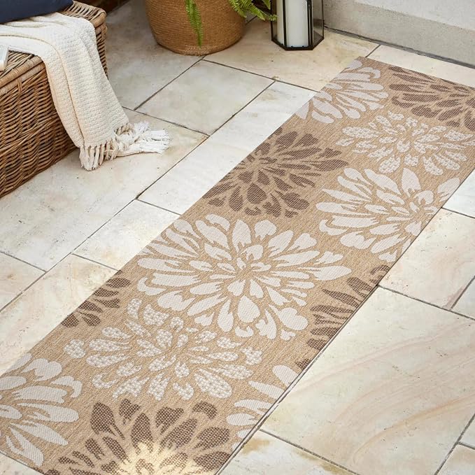 JONATHAN Y Floral Textured Weave Indoor Outdoor Runner Rug 2X8 Brown/Cream - Image 3