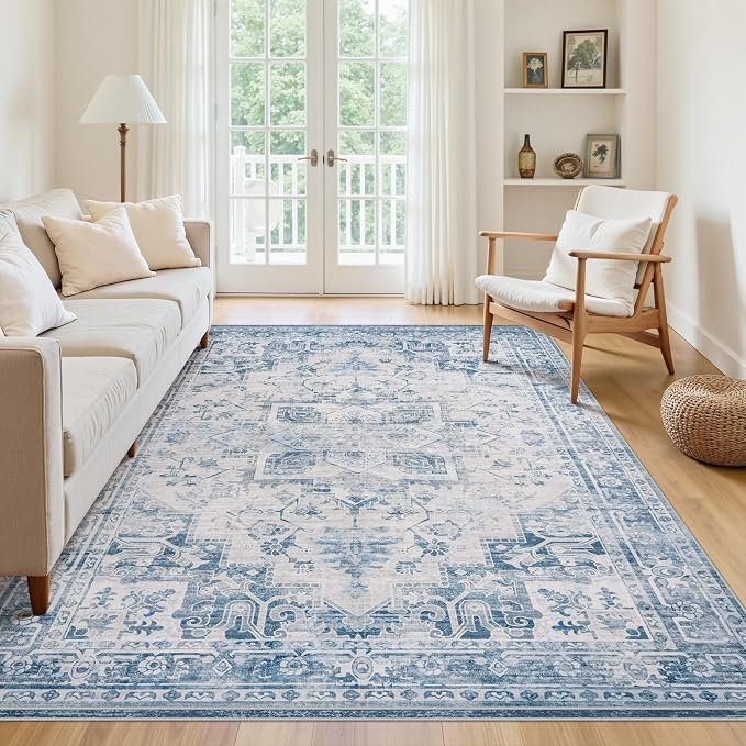 5x7 Area Rugs for Living Room:Blue Washable Vintage Medallion Boho Rug Non-Slip - Image 3