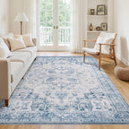 5x7 Area Rugs for Living Room:Blue Washable Vintage Medallion Boho Rug Non-Slip - Image 3