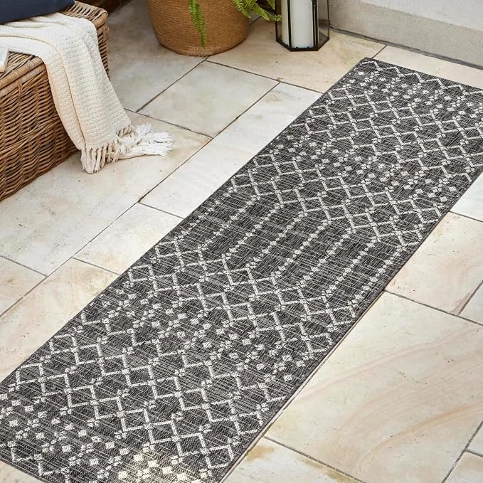 JONATHAN Y Moroccan Geometric Indoor Outdoor Runner Rug 2X8 Black/Gray - Image 3