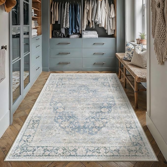 5x7 Washable Neutral Area Rug Blue Vintage Living Room Bedroom Carpet Non-Slip - Image 3
