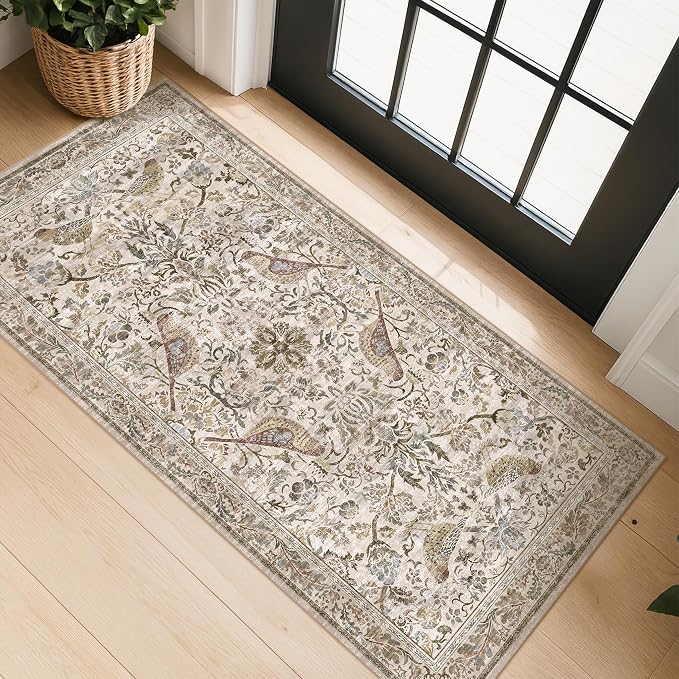 Boho Moss 2x4 Small Rugs for Entryway, Vintage Washable Low Pile & Soft Throw by HazoHaus