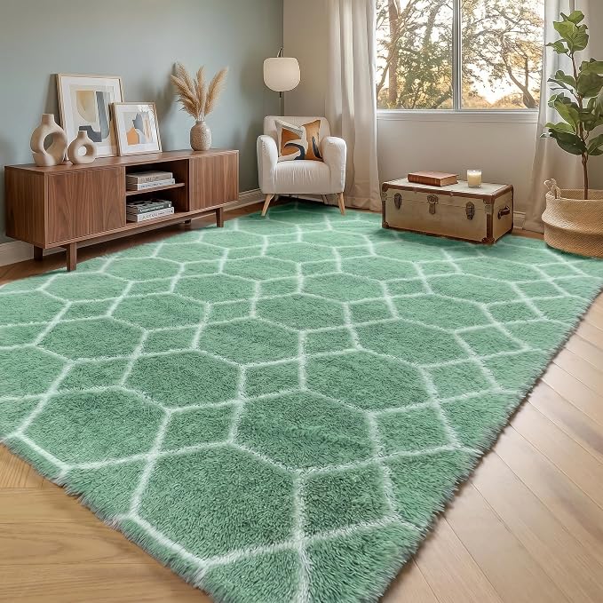 ONASAR Rugs for Living Room Bedroom, 5x8 Fluffy Sage Green and White Area Rug by ONASAR