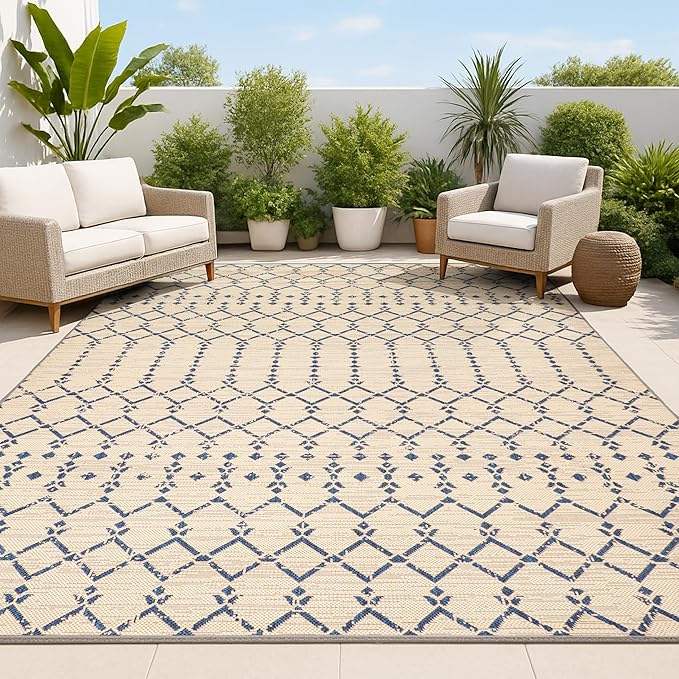 JONATHAN Y Moroccan Geometric Indoor Outdoor Area Rug 8X10 Beige/Navy, Ourika by JONATHANY