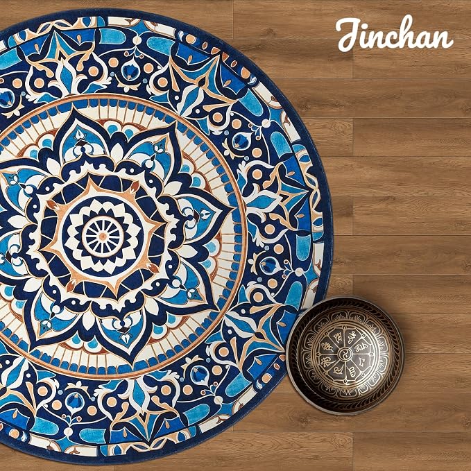 jinchan Mandala Round Rug 6ft Blue Boho Washable Rug Moroccan 6' Round Modern - Image 9