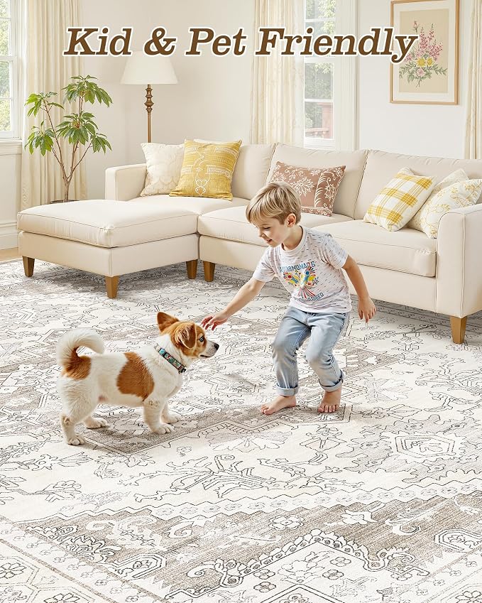 6x9 Vintage Area Rug: Washable Neutral Soft Non Slip Thin Large Floor Carpet - Image 6