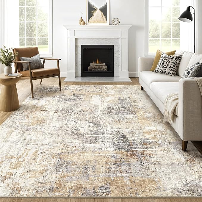 Area Rugs 9x12 Living Room: Washable Large Abstract Neutral Modern Soft Rugs by LOONGRUG
