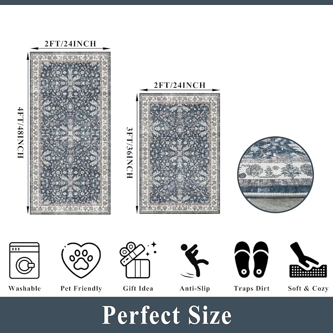 Kitchen Mats Set of 2 Washable Non-Slip – Soft Low Pile Boho Decorative Runner - Image 2