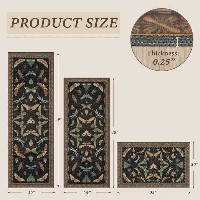 JTJ Insect Botanical Kitchen Rug Set 3 Piece, Vintage Whimsical Runner Rugs - Image 2