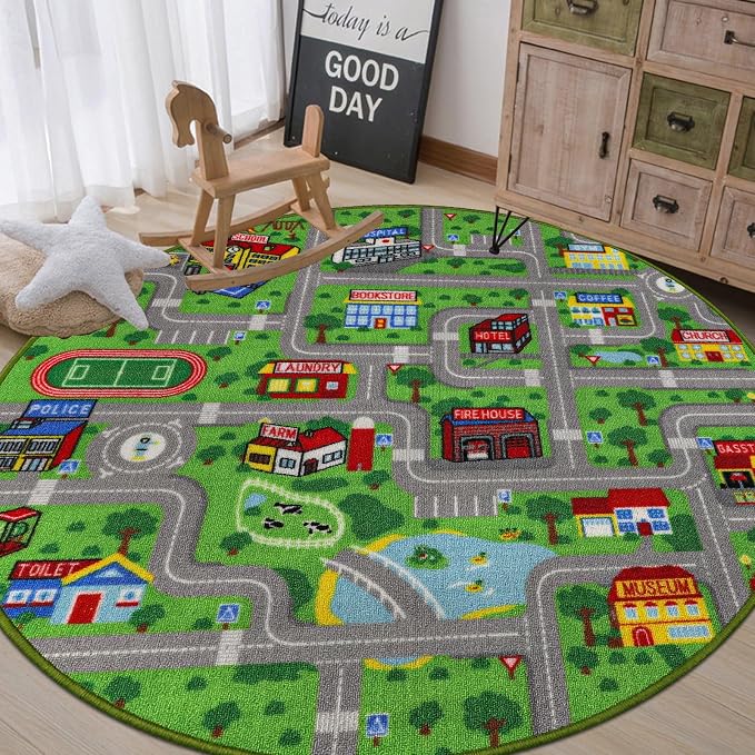 Capslpad Green Car Road Kid Rug Carpet Playmat by CapslpadDirect