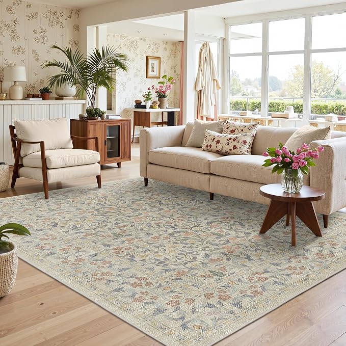 GENIMO 5x7 Washable Area Rug, Non-Slip Vintage Boho Floral Carpet, Soft by GENIMO