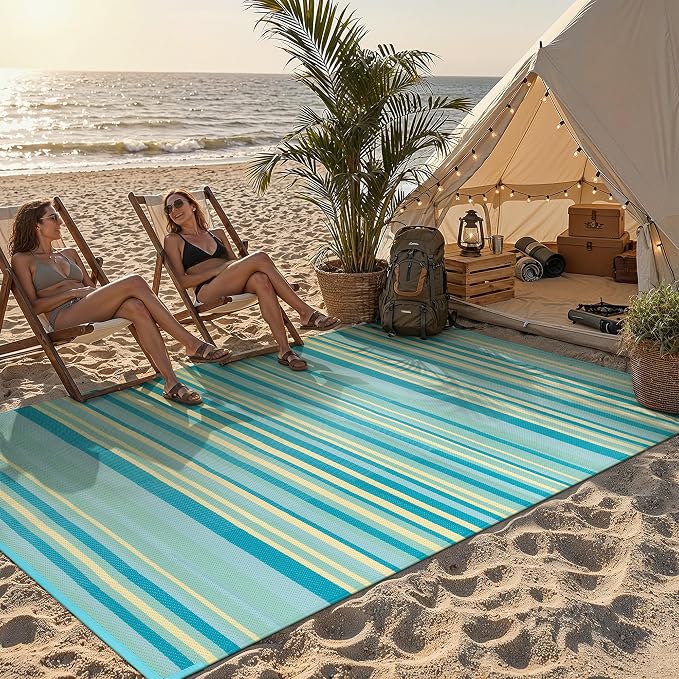 Outdoor Plastic Straw Rug Waterproof Patio 6x9 Teal Yellow Stripe Mat - Image 4