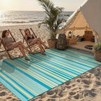 Outdoor Plastic Straw Rug Waterproof Patio 6x9 Teal Yellow Stripe Mat - Image 4