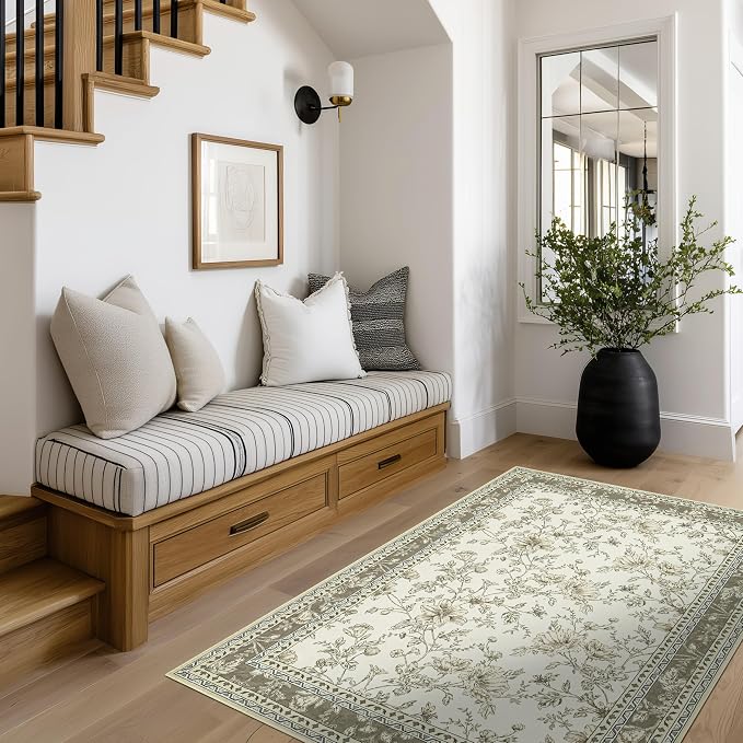 Floral Boho Rug 4x6 Washable Non Slip Area Rug Bohemian Carpet Door Mat Taupe - Image 8