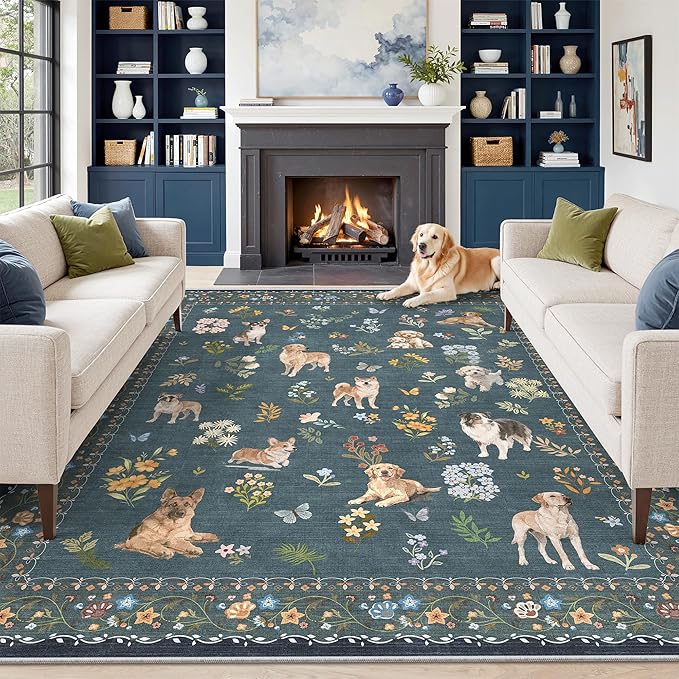 Soalmost Dog 8x10 Area Rugs for Living Room, Machine Washable Animal Floral by Soalmost
