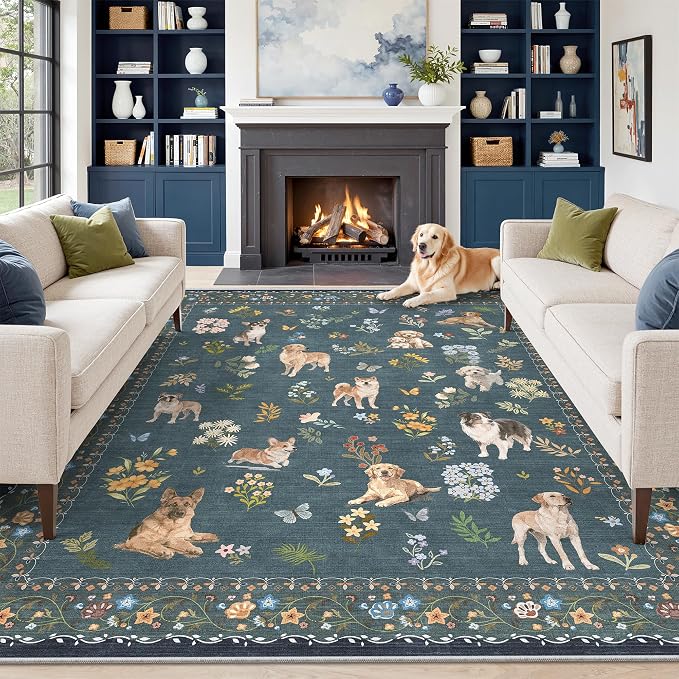Soalmost Dog 9x12 Area Rugs for Living Room, Machine Washable Animal Floral by Soalmost