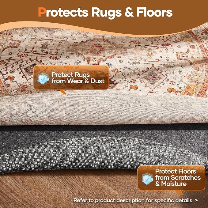 Veken 5 Ft Round Non Slip Cushioned Rug Pad Gripper, Felt and Silicone Backing - Image 5