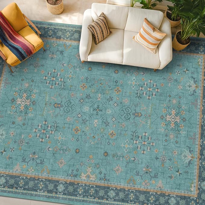 Large Boho 8x12 Teal Green Washable Living Room Rug by HazoHaus