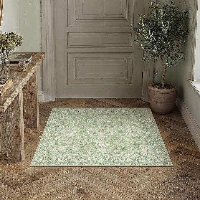 Neutral Kitchen Rug Set of 3 Washable Green Floral Kitchen Mats - Image 2