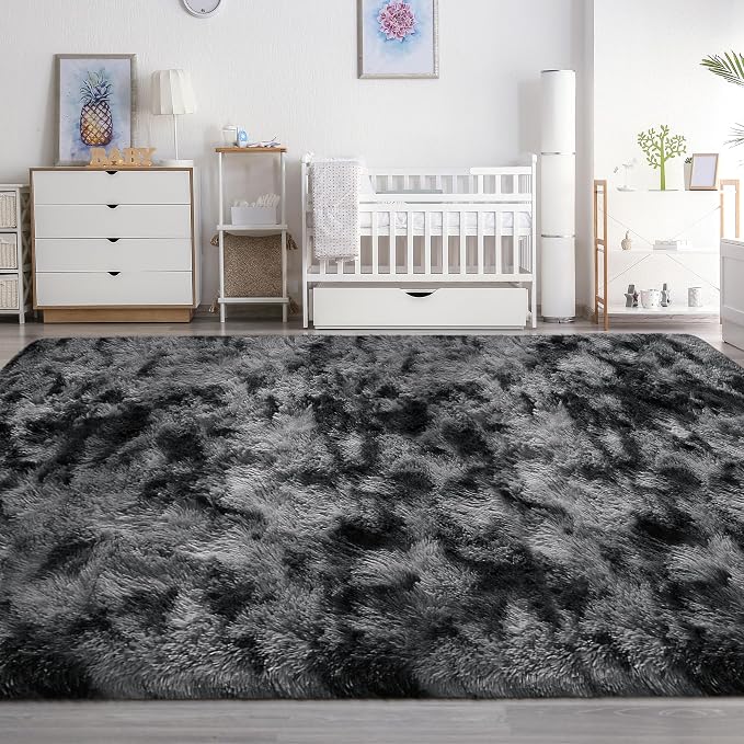 Plush 8x10 Area Rug for Living Room, Tie-Dyed Dark Grey Black 8x10 Shag Rug for - Image 8