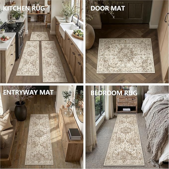 Neutral Kitchen Rug Set of 3 Washable Brown Vintage Kitchen Mats - Image 6