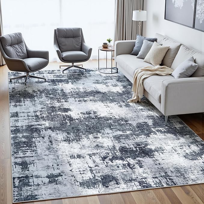 5x8 Area Rugs for Living Room Washable: Abstract Soft Thin Low Pile Black Rug - Image 3