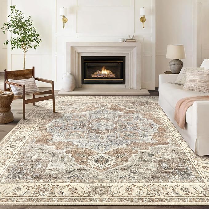 5x7 Washable Area Rug: Vintage Neutral Soft Non Slip Thin Large Floor Carpet - Image 3