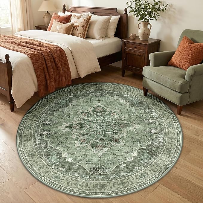 RELEANY Area Rugs Round 5ft Washable Non-Slip, Floral Vintage Distress by RELEANY