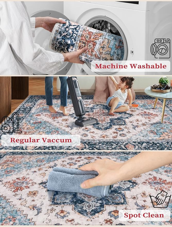 SERISSA Runner Rug for Hallways, Extra Long Boho Rug Ultra Soft Vintage Blue - Image 3