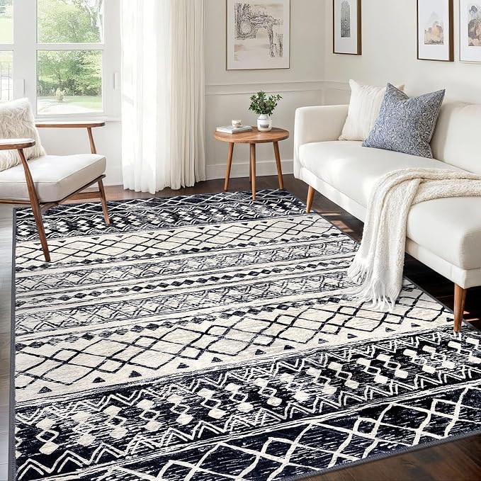 KUTA Morocca Area Rug 5x7 Black Navy Blue, Washable Boho Living Room Rugs by KUTA