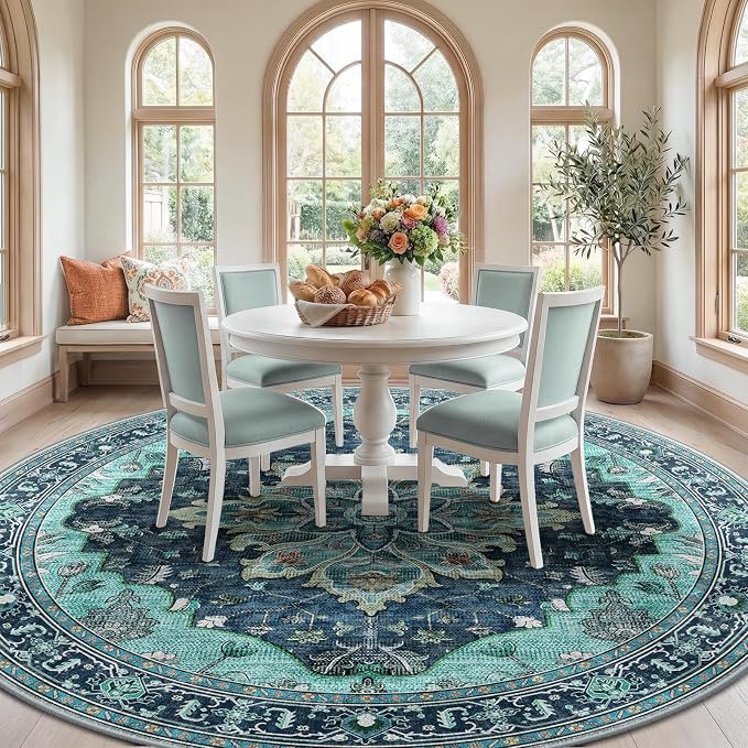 RELEANY Area Rugs Round 8ft Washable Non-Slip, Floral Vintage Distress - Image 2
