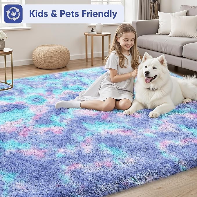 Rainbow Fluffy Rugs for Girls Bedroom: 9x12 Large Shag High Pile Area Rug - Image 4