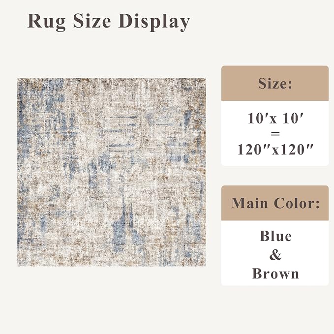 10x10 ft Square Living Room Rug – Washable Modern Abstract Area Rug - Image 2