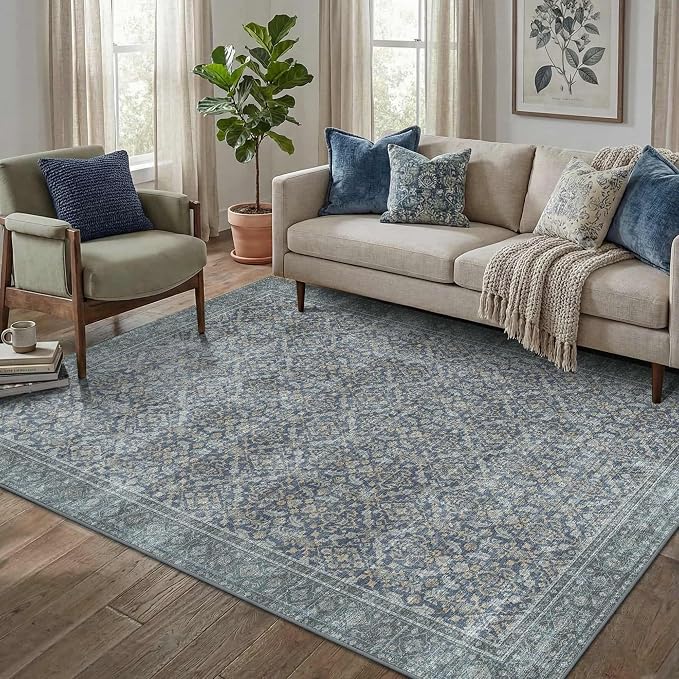 Latte&Fog 4x6 Rug for Living Room, Vintage Blue Washable Area Rug, Boho Floral - Image 3
