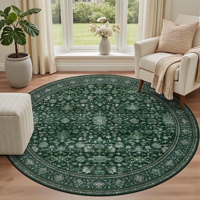 Round Area Rug for Living Room: 8 ft Washable Vintage Boho Soft Thin Circle Rug - Image 2