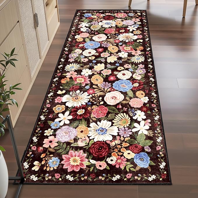 Floral Hallway Runner Rug Espresso Non-Slip, 2x10 Washable Ultra-Thin Soft - Image 6