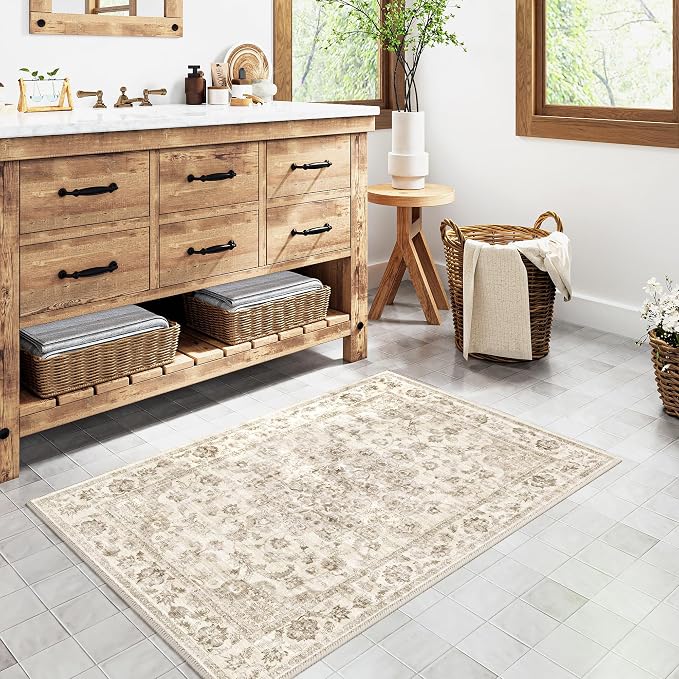 2x3 Washable Neutral Area Rug Beige Vintage Entryway Kitchen Carpet Non-Slip - Image 2