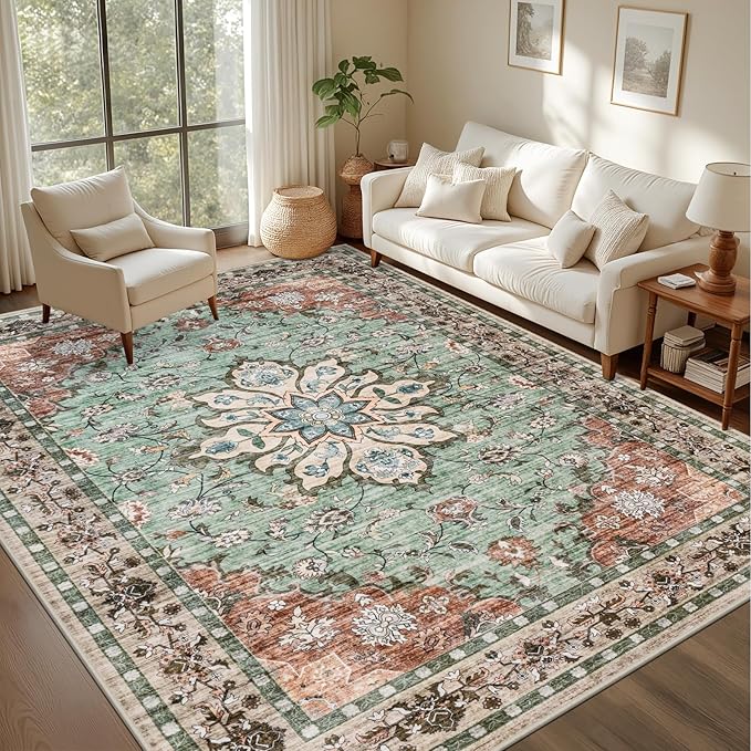 Area Rugs 10x14 Living Room Rug: Washable Rug Soft Vintage Distressed Floral - Image 2