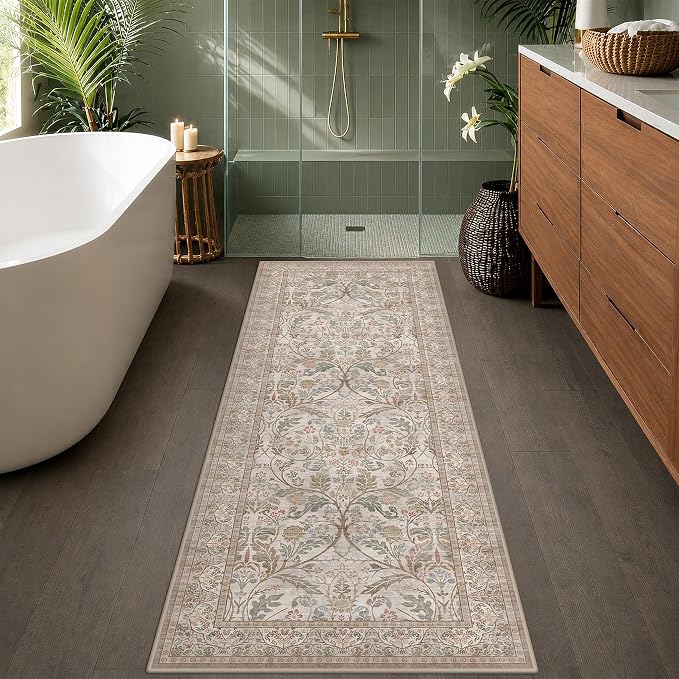 Traditional Floral Moss 2x5 Bathroom Runner Rug Non Slip by Evyhood