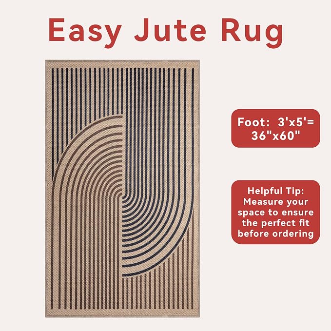 Tangsoo Easy Jute 3x5 Rug for Living Room, Non-Slip Thin Dark Brown Rainbow - Image 3