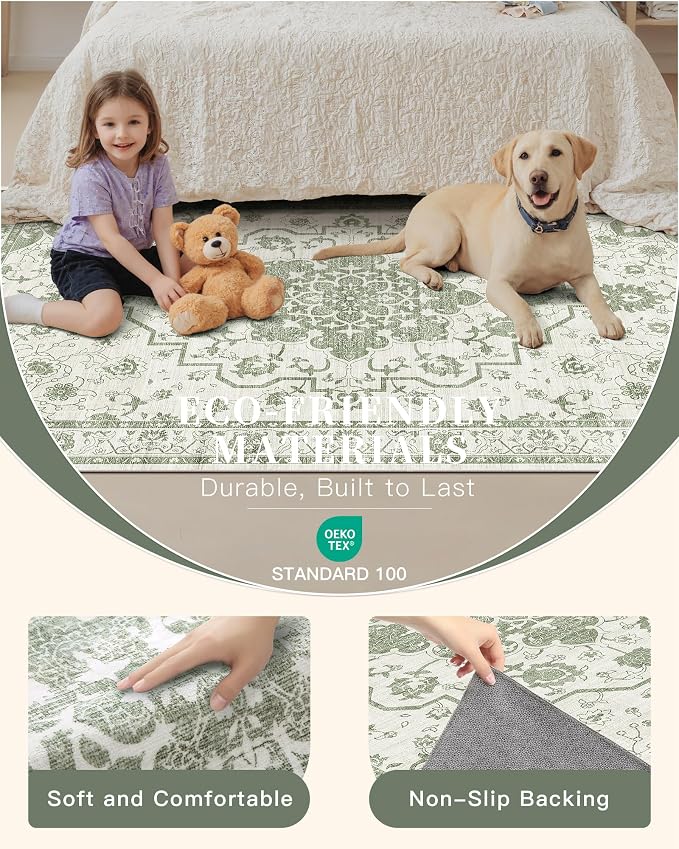 Madane 9x12 Area Rugs for Living Room, Machine Washable Vintage Green Rug - Image 4