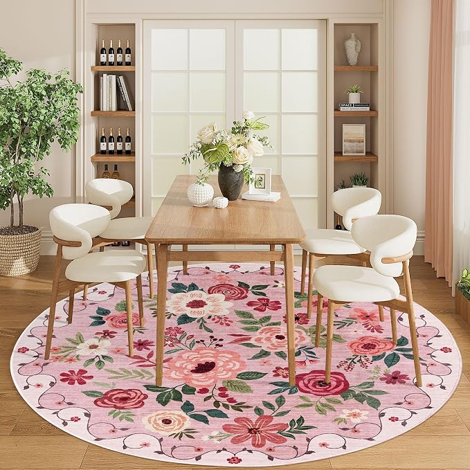 DUKINO Floral Round Rug, 6ft Washable Circle Rug, Non Slip Indoor Low Pile - Image 4