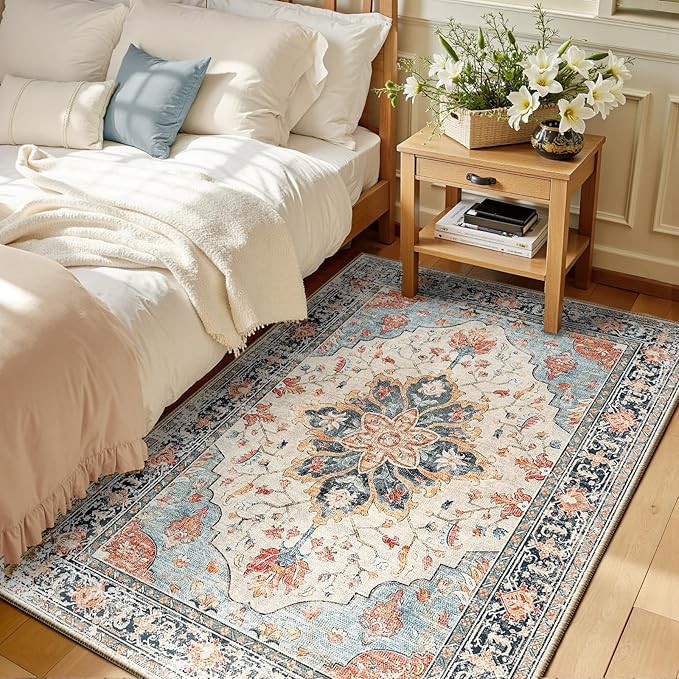 RELEANY Area Rugs 3'x5' Washable Non-Slip, Floral Vintage Distress Medallion by RELEANY