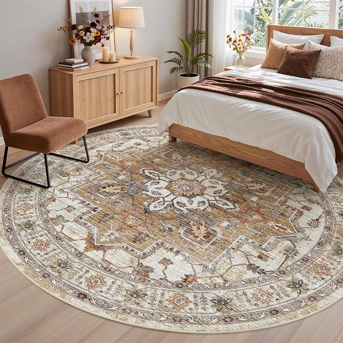 Madane Washable 8ft Circle Round Rug, 8x8 Circular Rugs Non-Slip Vintage Area - Image 4