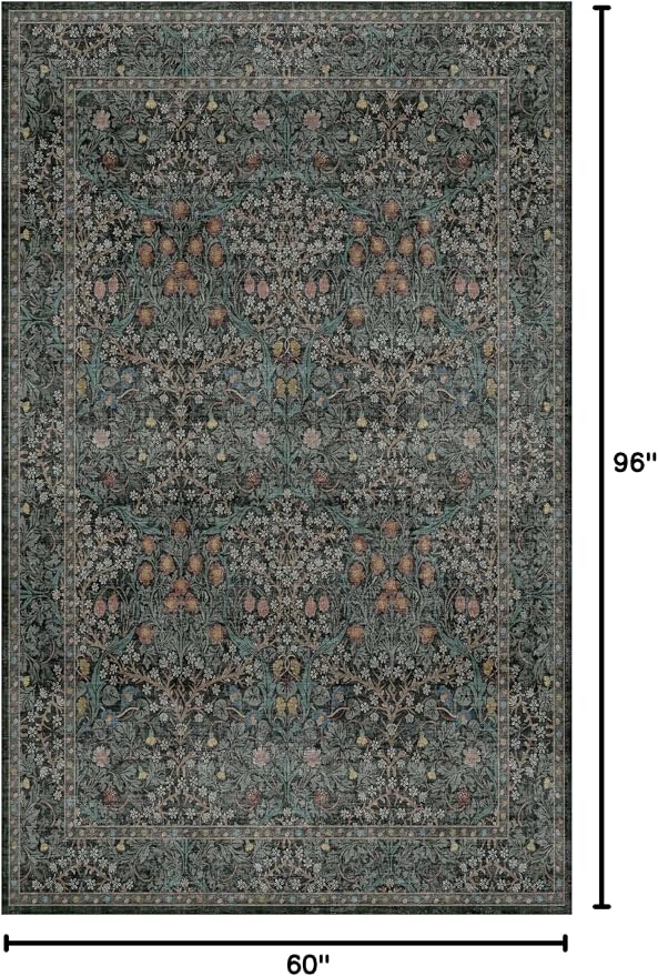 Washable Vintage 5x8 Living Room Rug, Dark Green Floral Area Rug - Image 2
