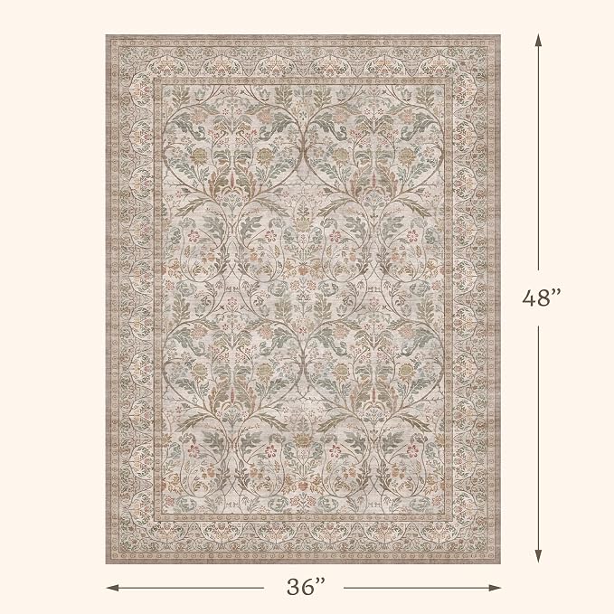 Moss Green Traditional 3x4 Kitchen Area Rug, Vintage Washable Rug - Image 2