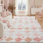 PureCozy Checkered Rug 5x7 Fluffy Shag Living Room Pink Area Rug Modern by PureCozy