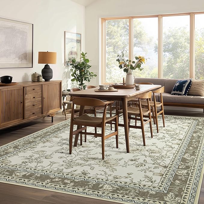 Taupe Boho Living Room Rug 5x8, Washable Low Pile Non Slip Area Rugs - Image 2